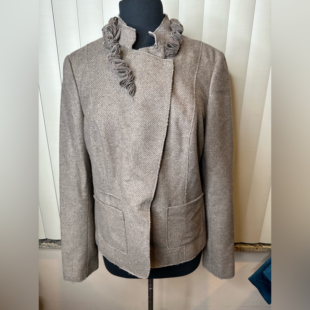 Banana Republic Taupe Italian Wool Blend Blazer Jacket Coat Frayed Ruffled Sz12